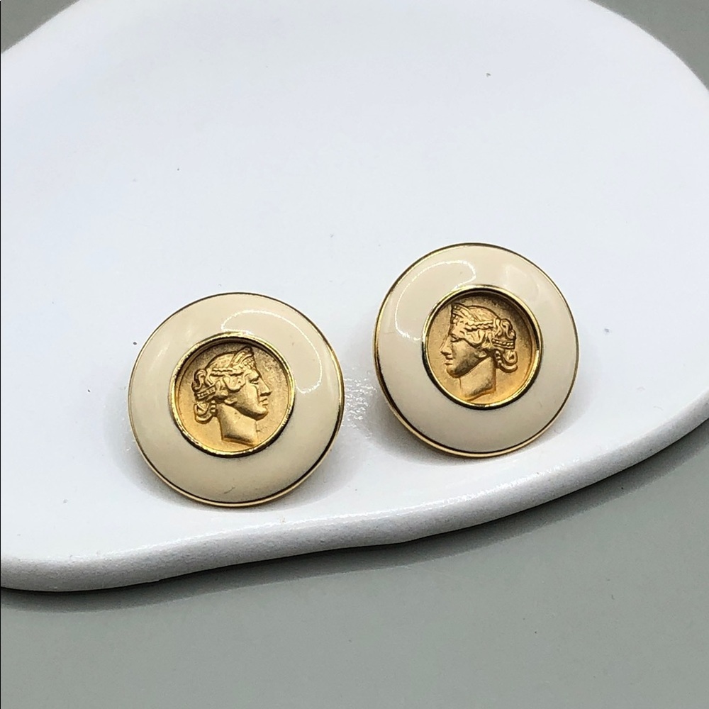 Vintage monet enamel coin like Greek Roman style goddess earrings statement look